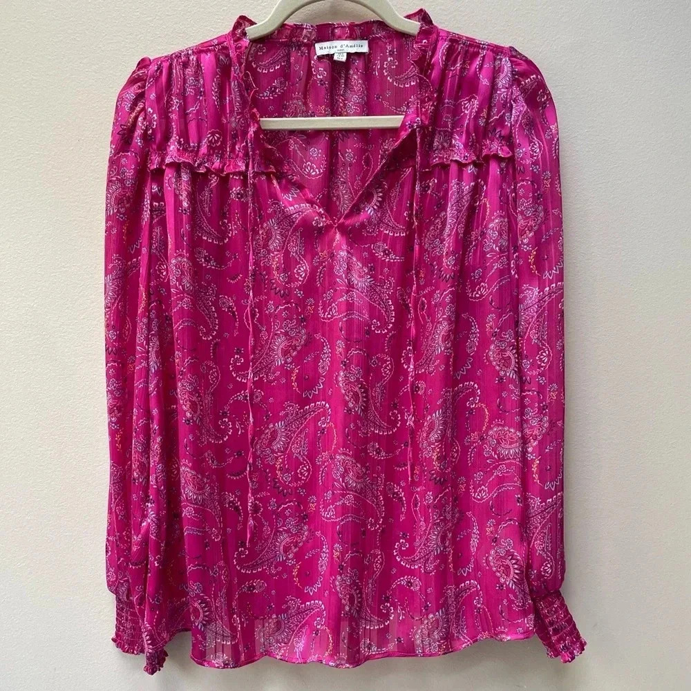 Anthropologie Maison d’Amelie Floral Pink Tie Neck Long Sleeve Blouse Size Small